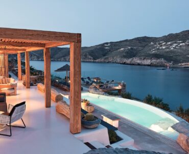Shaded veranda lounge facing the Aegean Sea (view 6) at Bali Sea Front Villa in Ftelia, Mykonos
