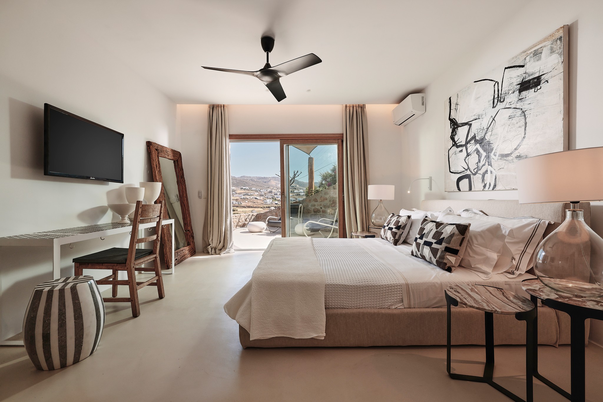 Independent guest room on the upper level at Bali Sea Front Villa in Ftelia, Mykonos