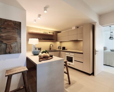 Fully equipped kitchen at Bali Sea Front Villa in Ftelia, Mykonos