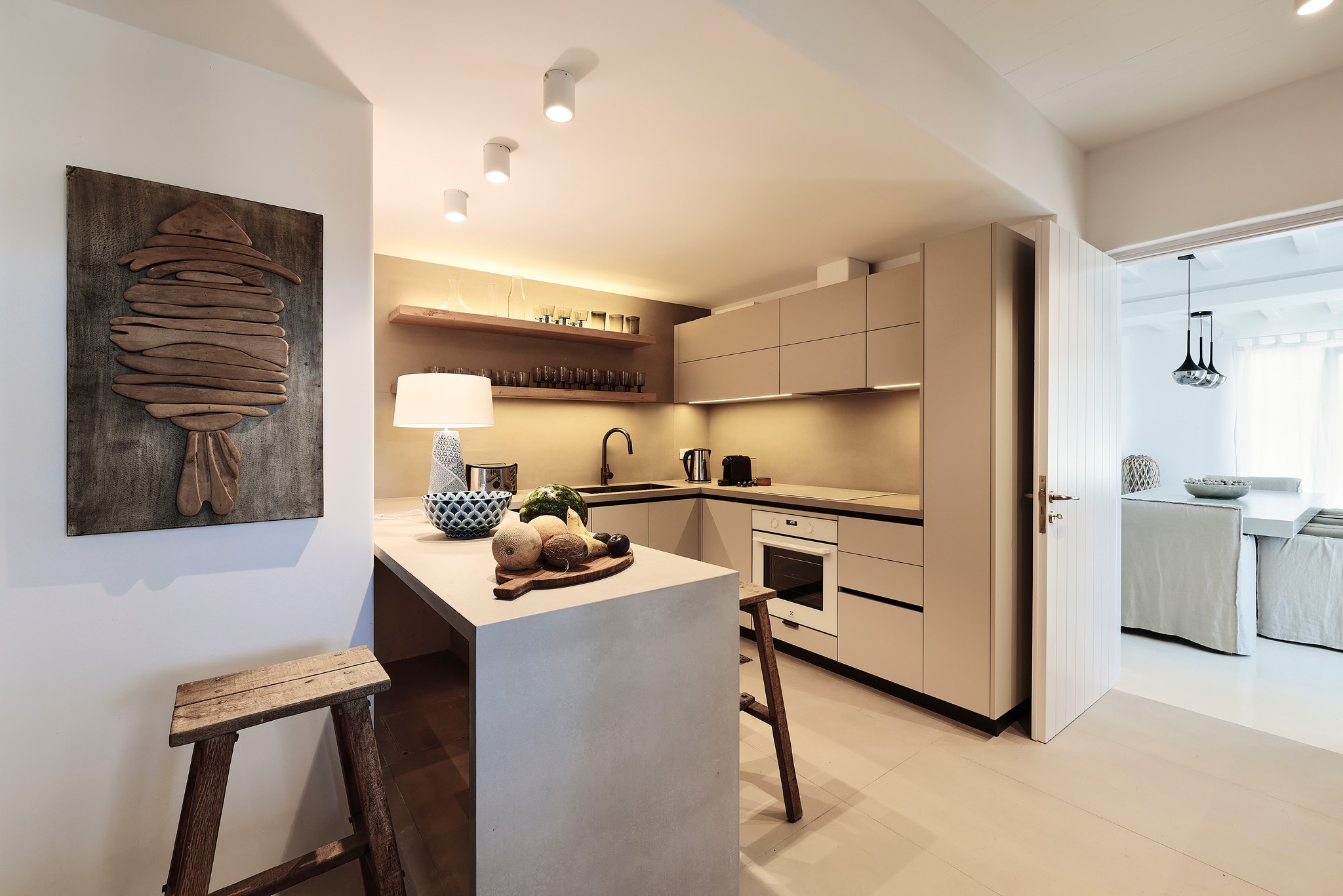 Fully equipped kitchen at Bali Sea Front Villa in Ftelia, Mykonos