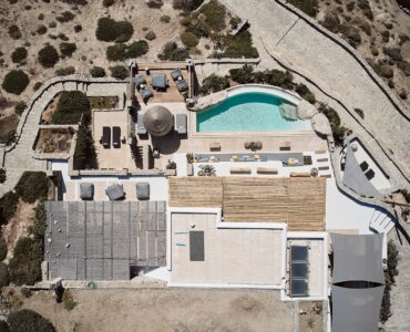 Aerial view of Ftelia bay and the sea front villa at Bali Sea Front Villa in Ftelia, Mykonos