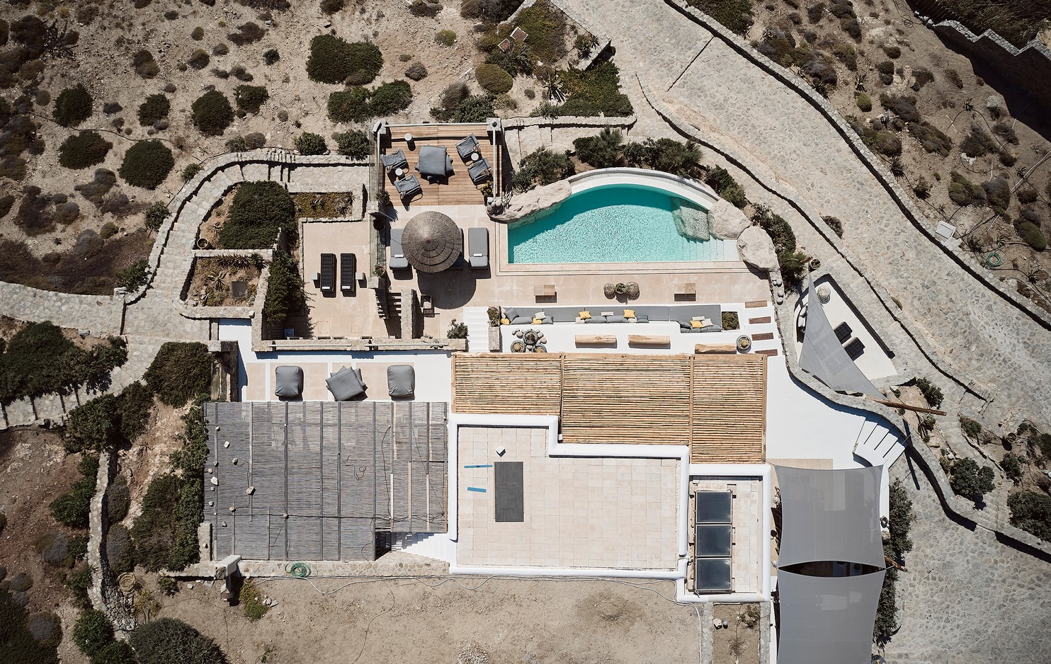 Aerial view of Ftelia bay and the sea front villa at Bali Sea Front Villa in Ftelia, Mykonos