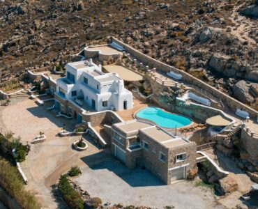 Aerial view of the estate, pool and buildings – Grand Kanalia estate for sale in Kanalia, Mykonos