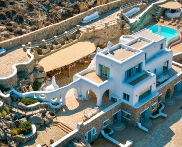Aerial view of the main villa, pergolas and pool – Grand Kanalia estate for sale in Kanalia, Mykonos