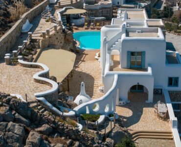 Aerial view of the villa, terraces and pool – Grand Kanalia estate for sale in Kanalia, Mykonos