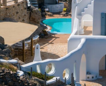 Infinity pool and arched terraces from above – Grand Kanalia estate for sale in Kanalia, Mykonos