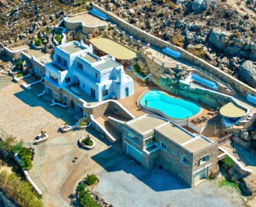 Aerial view of the estate buildings and grounds – Grand Kanalia estate for sale in Kanalia, Mykonos