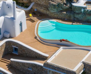 Infinity pool and terraces seen from above – Grand Kanalia estate for sale in Kanalia, Mykonos
