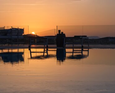 J-View Villa, Agios Lazaros, Mykonos – pool at sunset with sea view