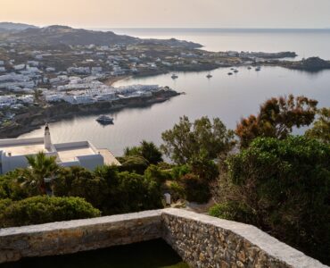J-View Villa, Agios Lazaros, Mykonos – view over the bay and Mykonos Town