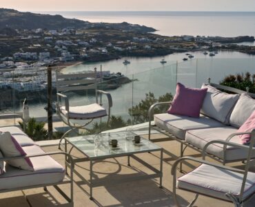 J-View Villa, Agios Lazaros, Mykonos – terrace lounge with sea and town views