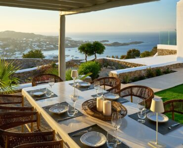 J-View Villa, Agios Lazaros, Mykonos – outdoor dining table with sea view