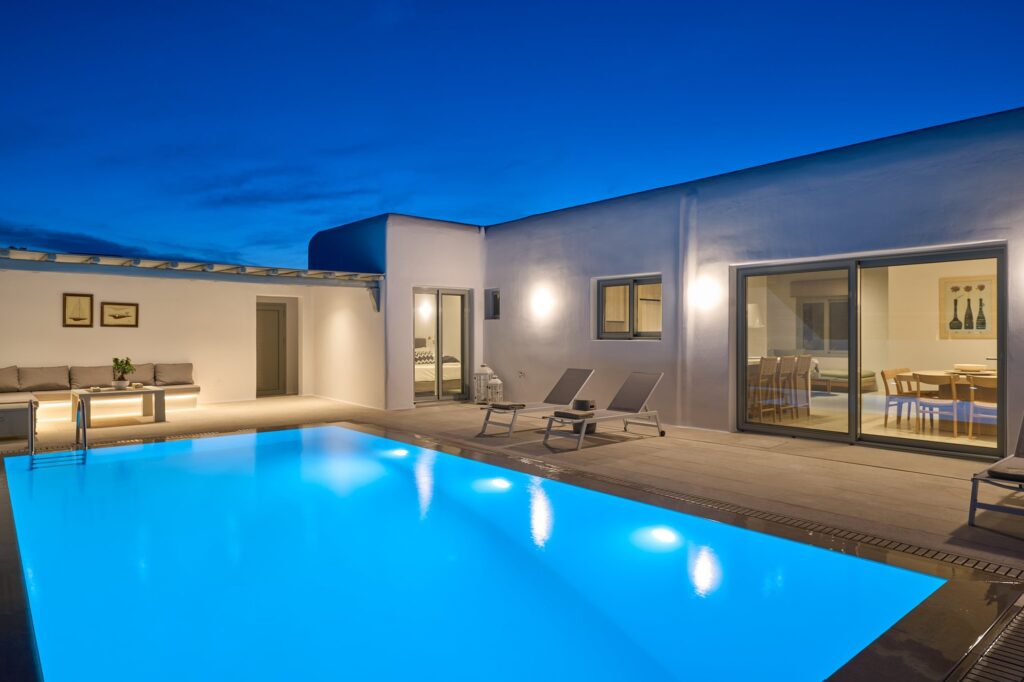 J-View Villa, Agios Lazaros, Mykonos – private pool lit at night
