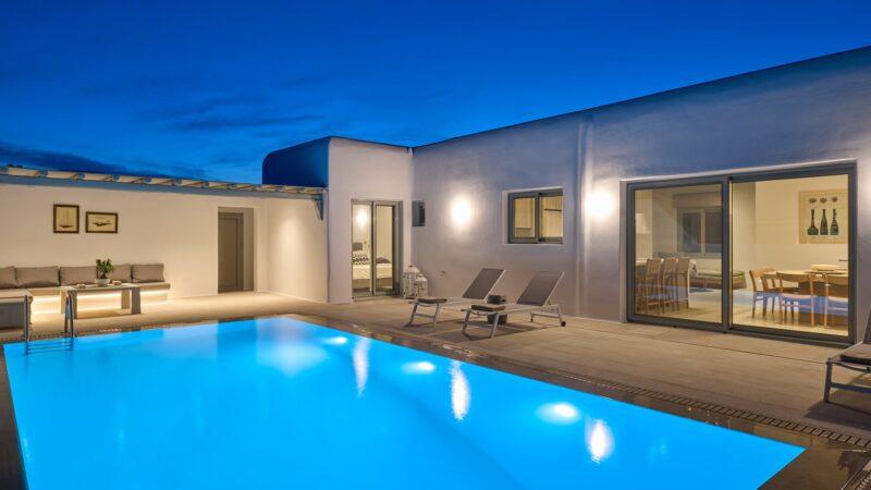 J-View Villa, Agios Lazaros, Mykonos – private pool lit at night
