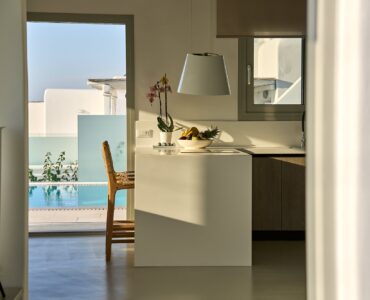 J-View Villa, Agios Lazaros, Mykonos – kitchen with view to the pool