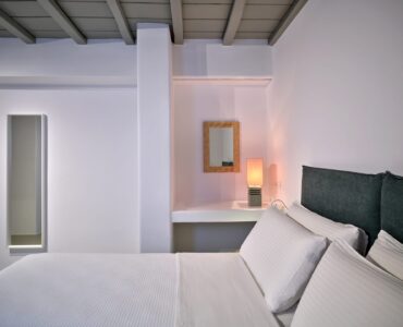 J-View Villa, Agios Lazaros, Mykonos – bedroom with green headboard