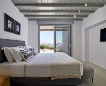 J-View Villa, Agios Lazaros, Mykonos – bedroom with patterned cushions