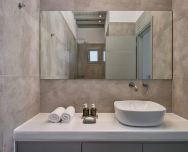 J-View Villa, Agios Lazaros, Mykonos – bathroom with mirror and basin