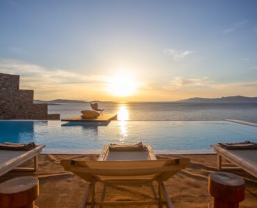 Sunset over the Aegean from the terrace at Maison Haute in Aleomandra, Mykonos