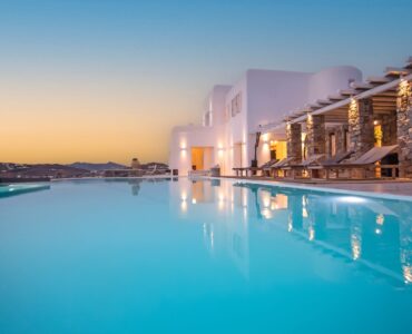 Infinity pool at sunset at Maison Haute in Aleomandra, Mykonos