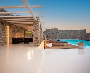 Pergola lounge by the pool at Maison Haute in Aleomandra, Mykonos