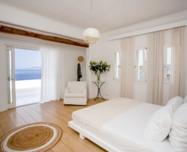 Bedroom with sea view at Maison Haute in Aleomandra, Mykonos
