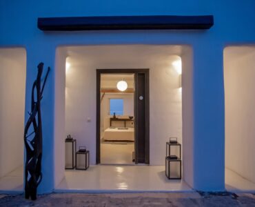Entrance at night at Maison Haute in Aleomandra, Mykonos