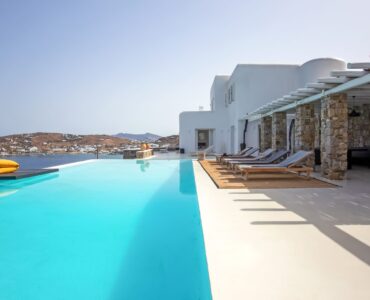 Infinity pool and terraces at Maison Haute in Aleomandra, Mykonos