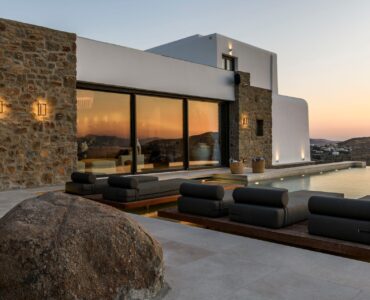 Terrace at sunset at Muse Mansion in Agios Lazaros, Mykonos