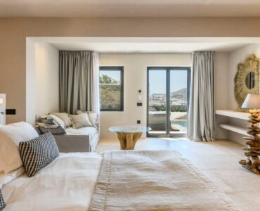 Bedroom with sea view at Muse Mansion in Agios Lazaros, Mykonos
