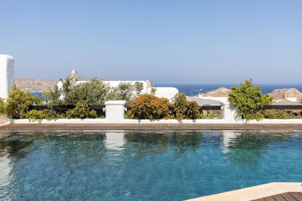 Private pool with sea view at Platinum Deluxe Villa in Kalafatis, Mykonos