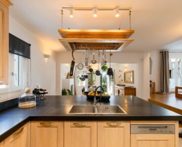 Kitchen with island at Platinum Deluxe Villa in Kalafatis, Mykonos