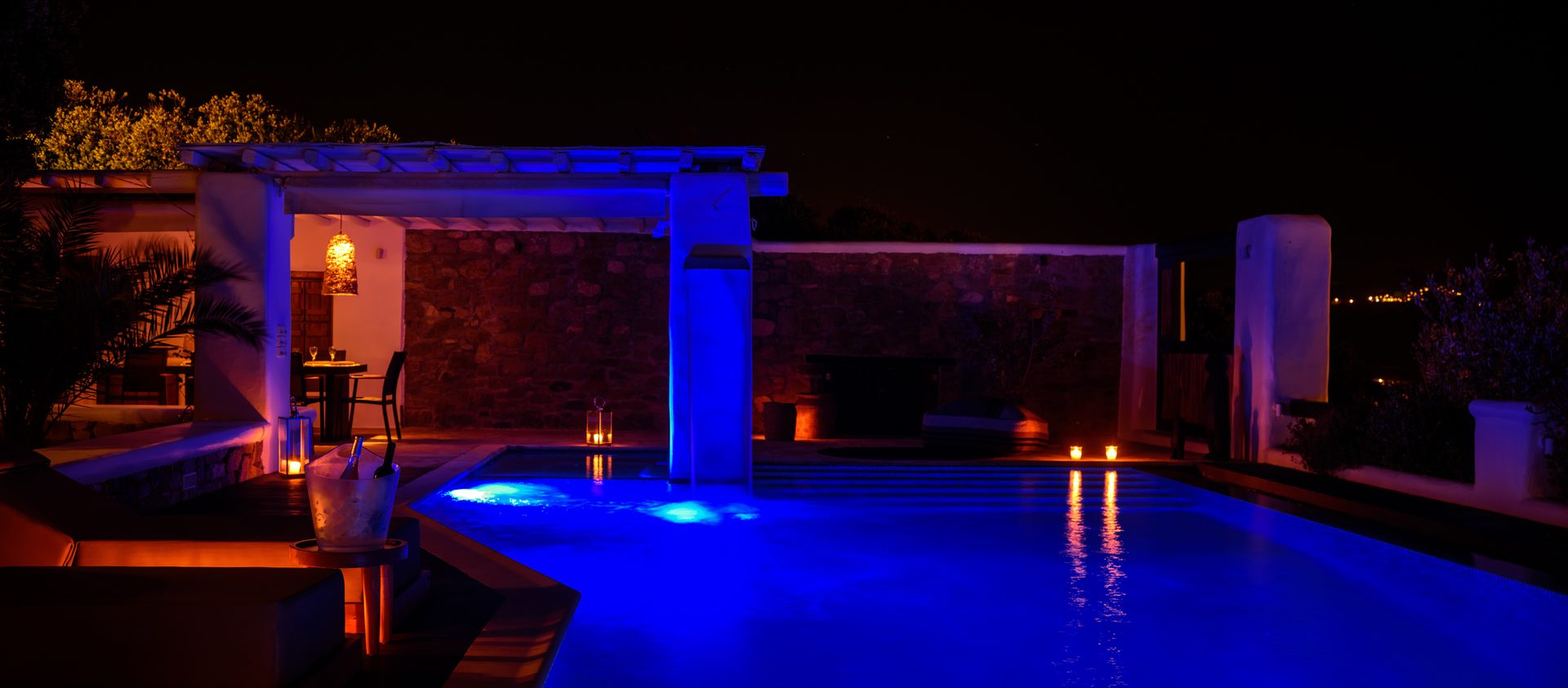 Pool at night at Platinum Deluxe Villa in Kalafatis, Mykonos