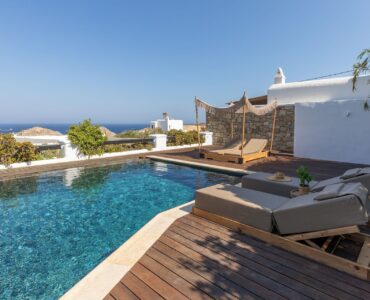 Pool and villa at Platinum Deluxe Villa in Kalafatis, Mykonos