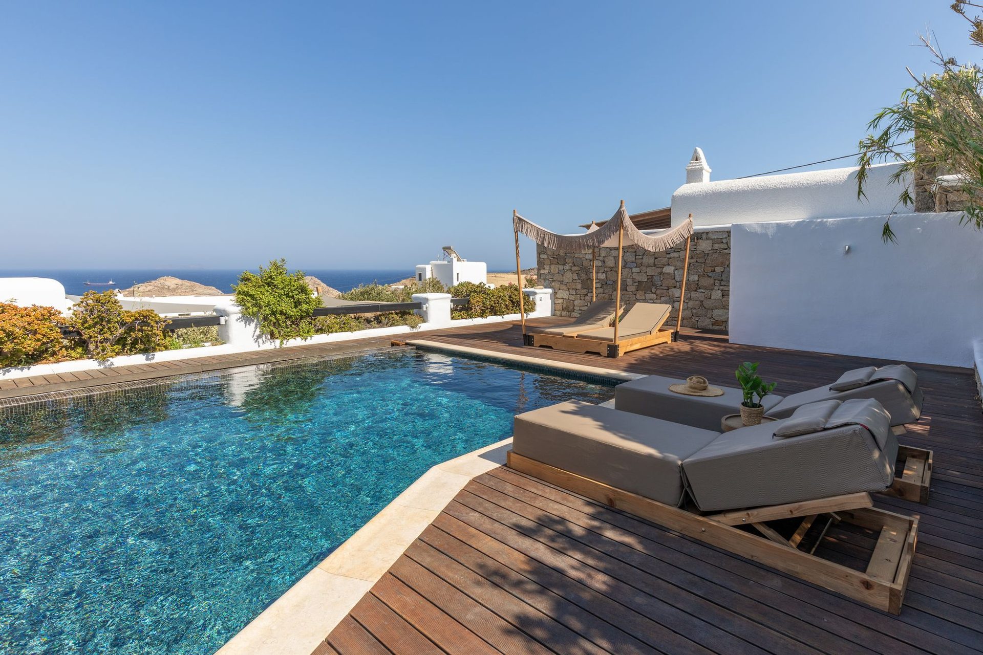 Pool and villa at Platinum Deluxe Villa in Kalafatis, Mykonos