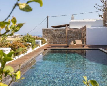 Pool in the garden at Platinum Deluxe Villa in Kalafatis, Mykonos