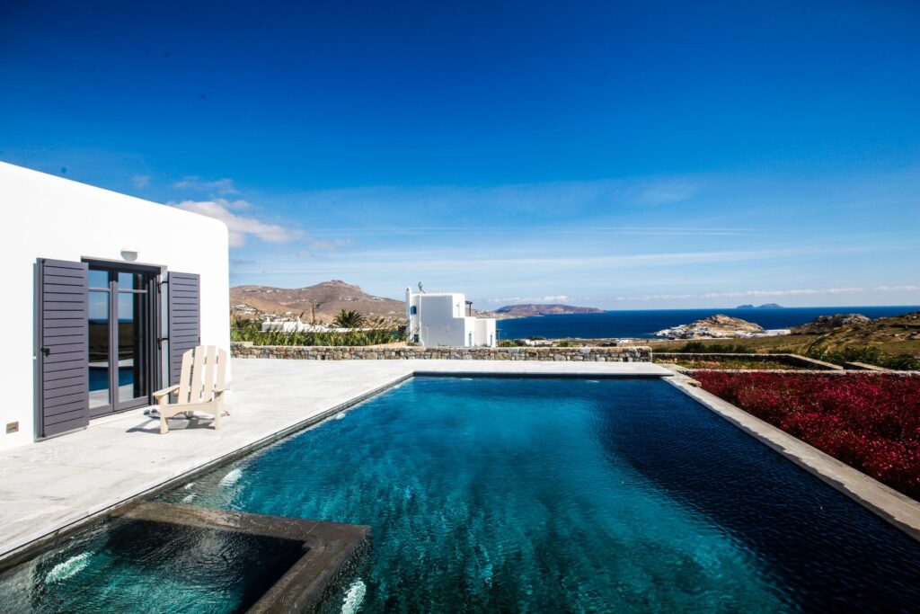 Private pool with sea view at Platinum Senior Villa in Kalafatis, Mykonos