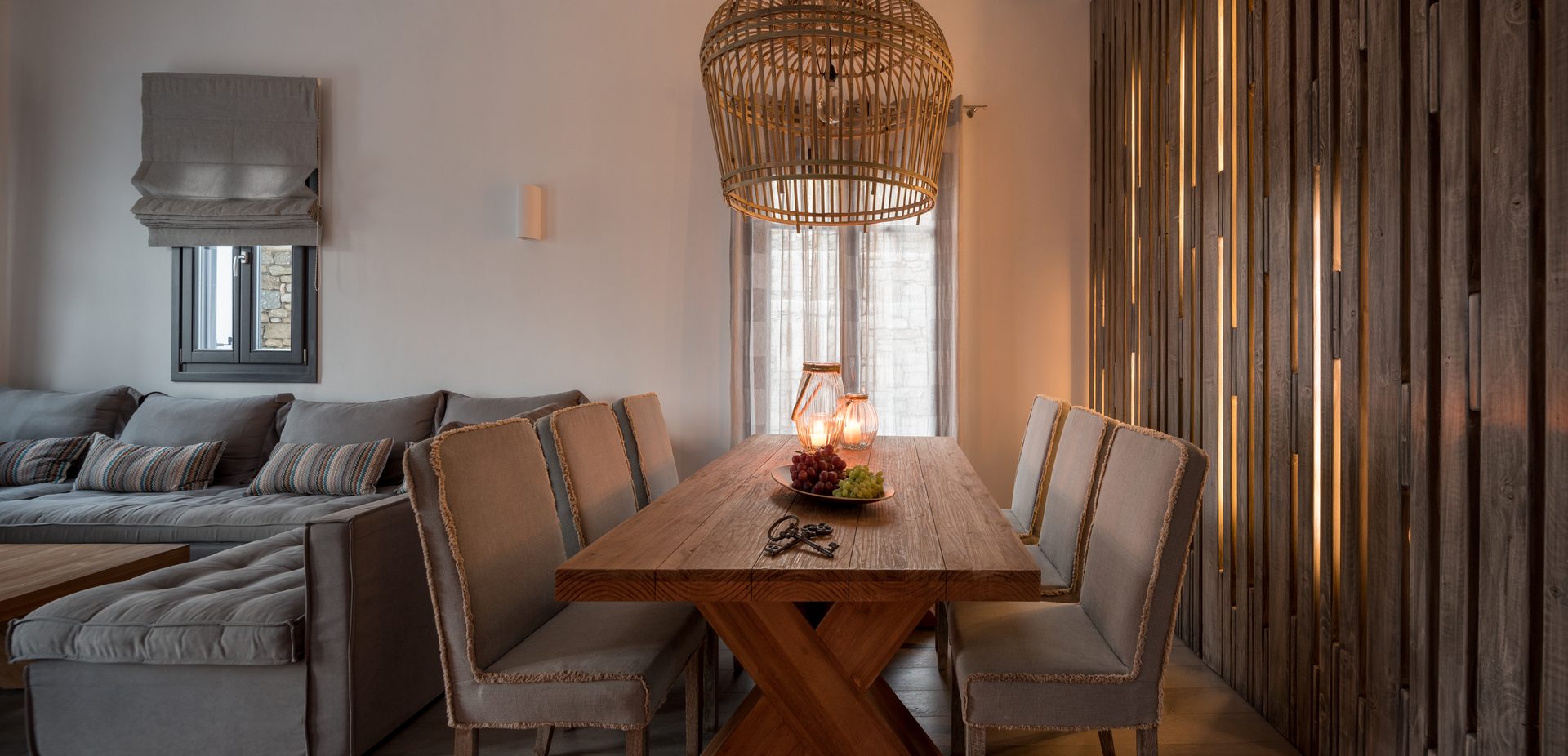 Living and dining area at Platinum Senior Villa in Kalafatis, Mykonos