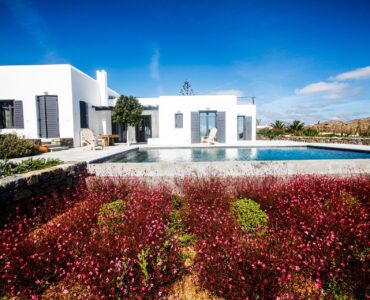 Villa and pool above the garden at Platinum Senior Villa in Kalafatis, Mykonos