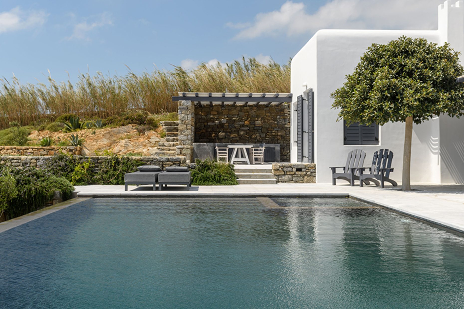 Pool and villa with olive tree at Platinum Senior Villa in Kalafatis, Mykonos