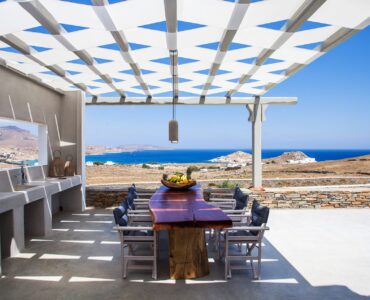 Pergola dining terrace at Platinum Superior Villa in Kalafatis, Mykonos