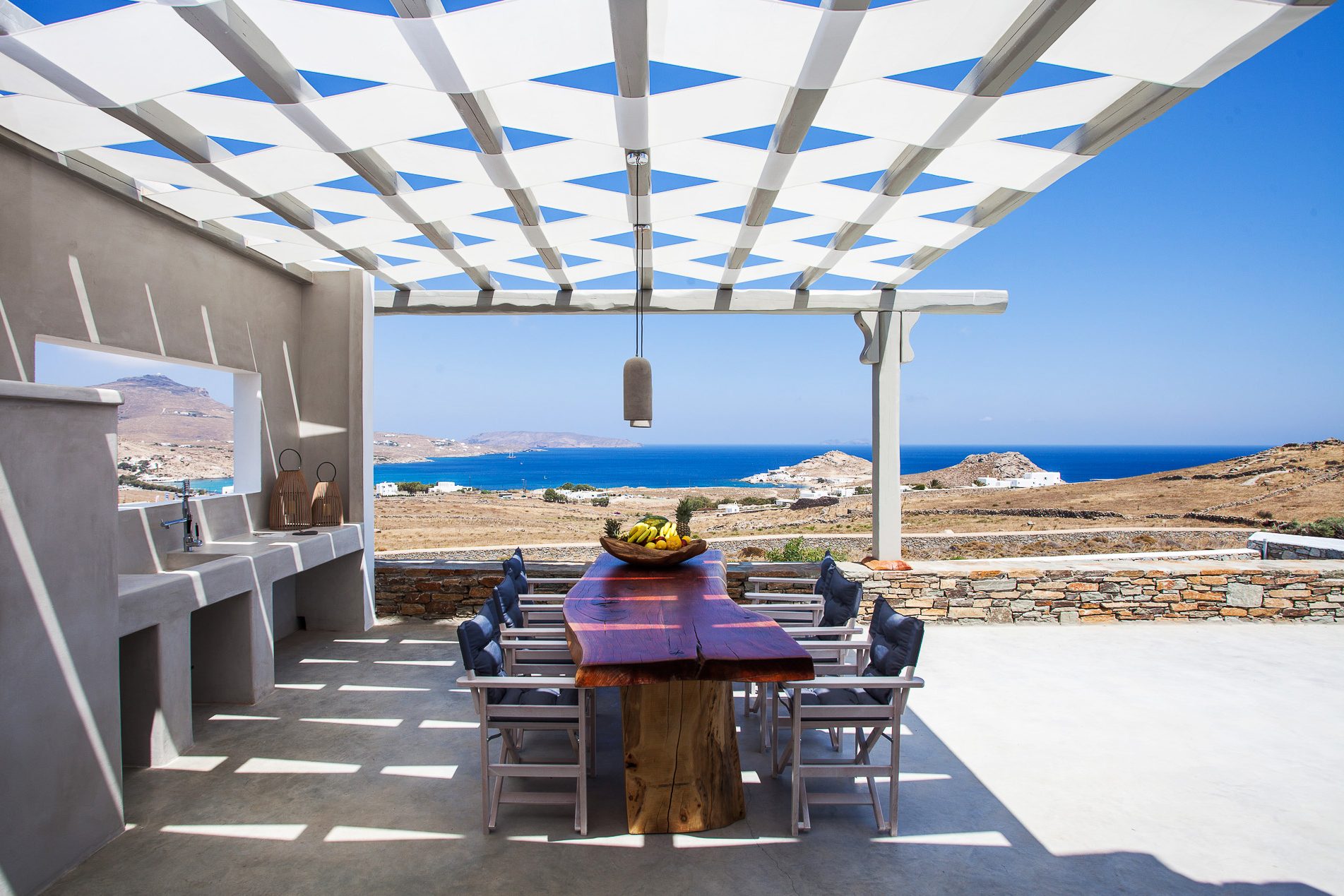 Pergola dining terrace at Platinum Superior Villa in Kalafatis, Mykonos