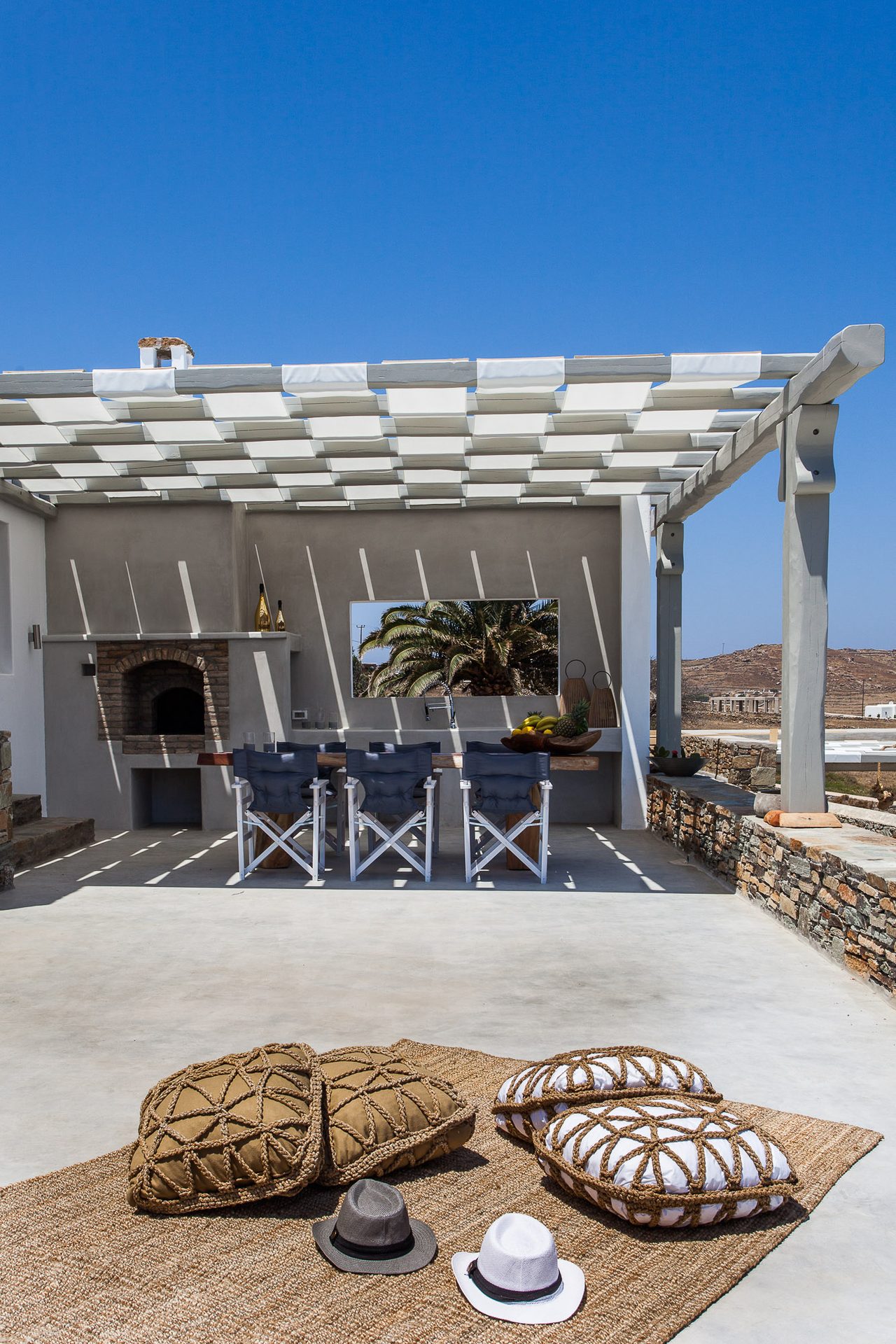Terrace daybed under the pergola at Platinum Superior Villa in Kalafatis, Mykonos