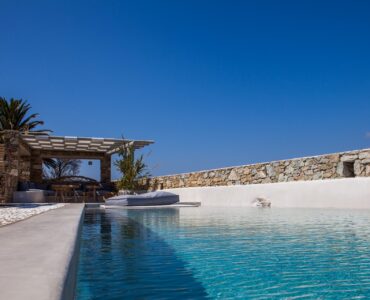 Pool with palm trees at Platinum Superior Villa in Kalafatis, Mykonos