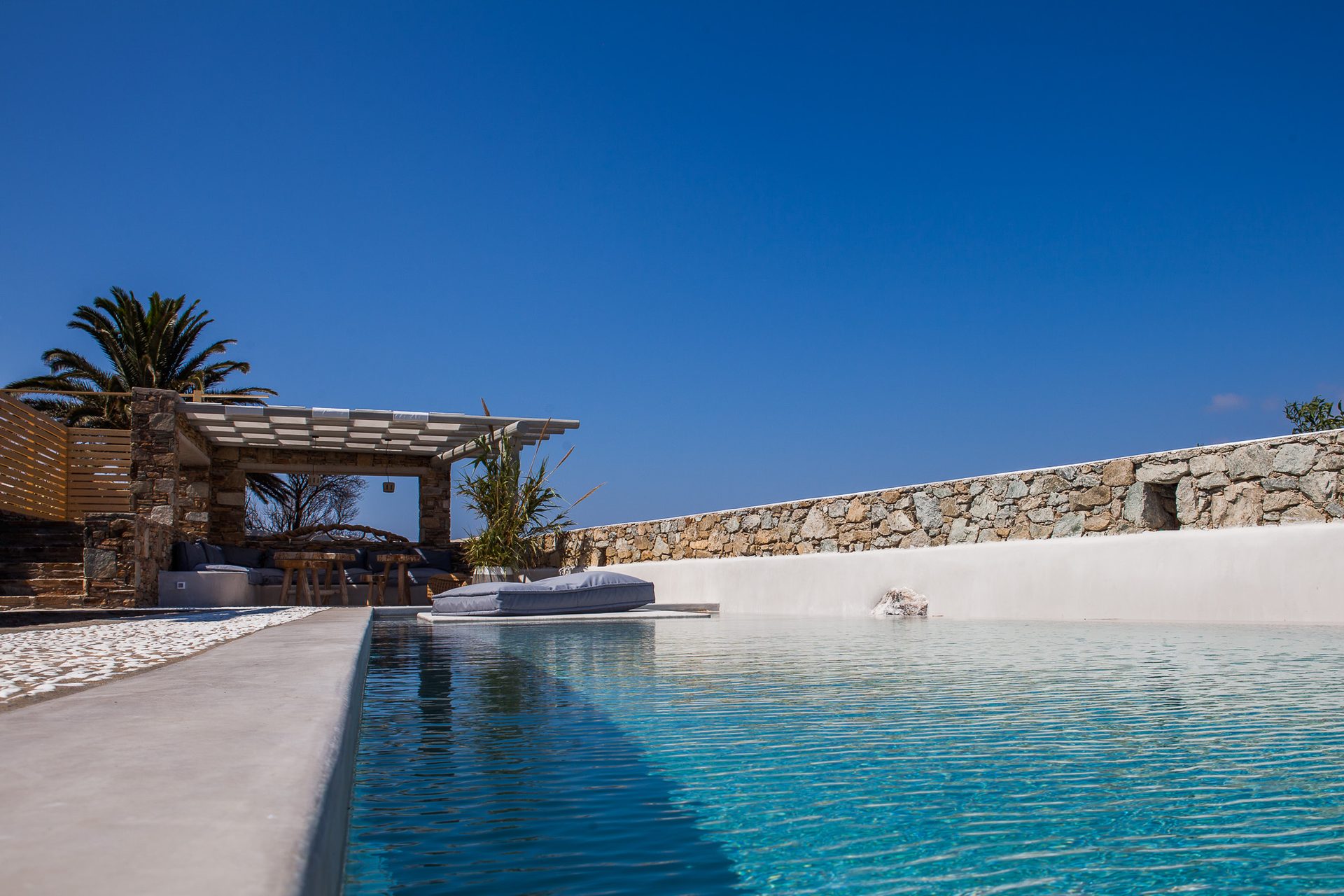 Pool with palm trees at Platinum Superior Villa in Kalafatis, Mykonos