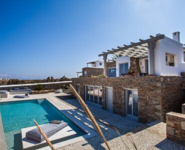 Pool and villa terraces at Platinum Superior Villa in Kalafatis, Mykonos