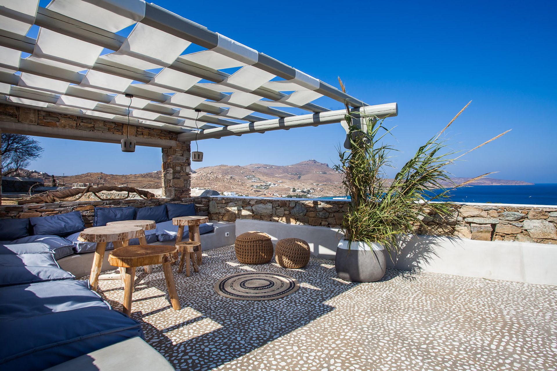 Pergola lounge with sea view at Platinum Superior Villa in Kalafatis, Mykonos