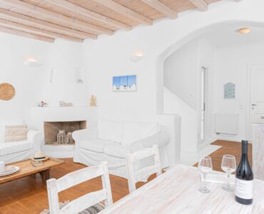 Living and dining area at Tranquil Villa 5 in Kalafatis, Mykonos