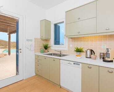 Fully equipped kitchen at Tranquil Villa 5 in Kalafatis, Mykonos