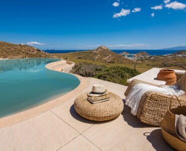 Pool terrace with daybed at Tranquil Villa 5 in Kalafatis, Mykonos
